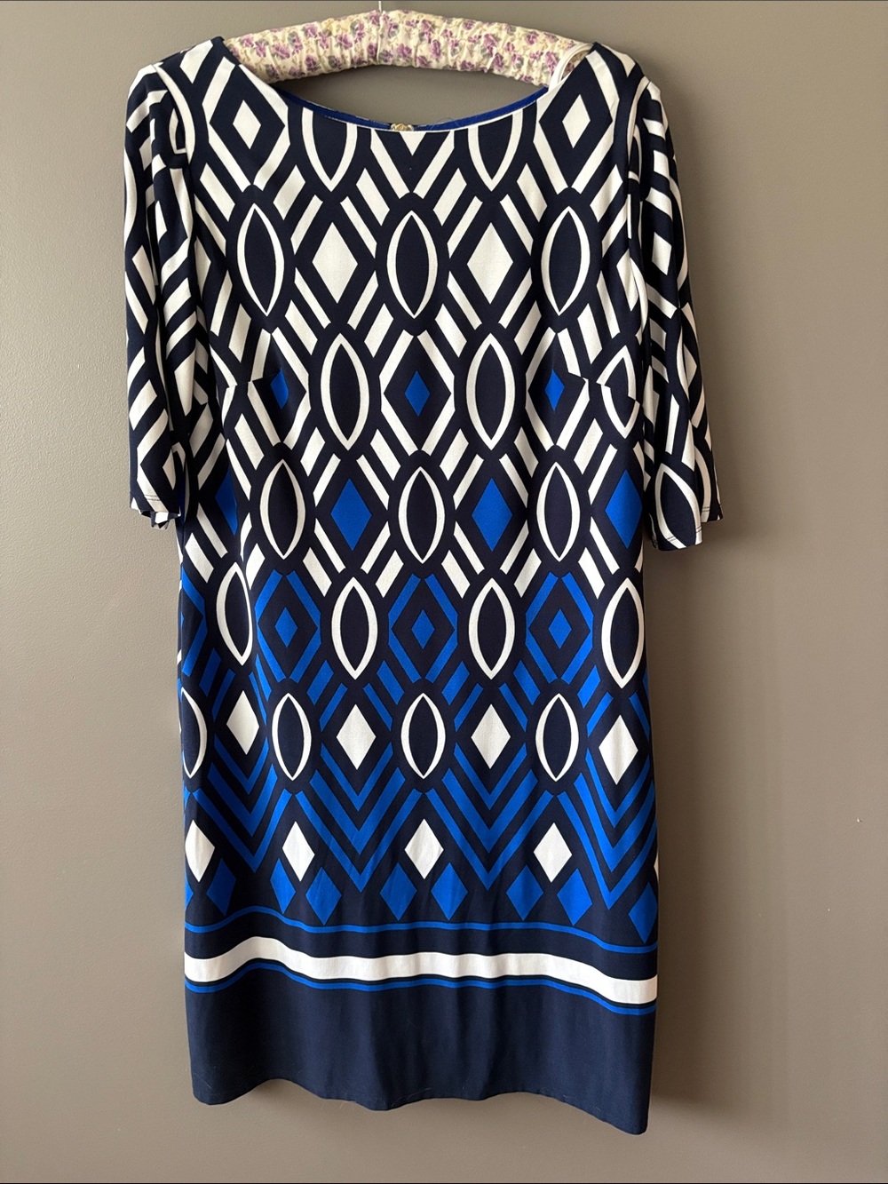Eliza J Navy Blue and White Geometric Shift Dress